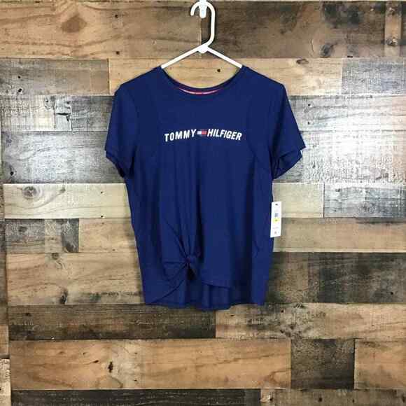 Tommy Hilfiger Women’s M Blue Pullover Knot Front T-Shirt Top Logo NWT - Picture 15 of 16